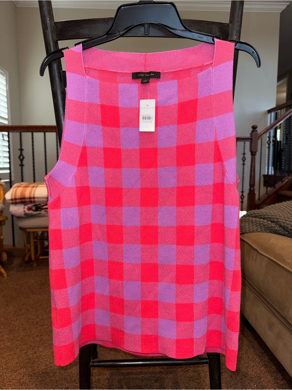 Ann Taylor Pink and Purple Checkered Sleeveless Knit Tank